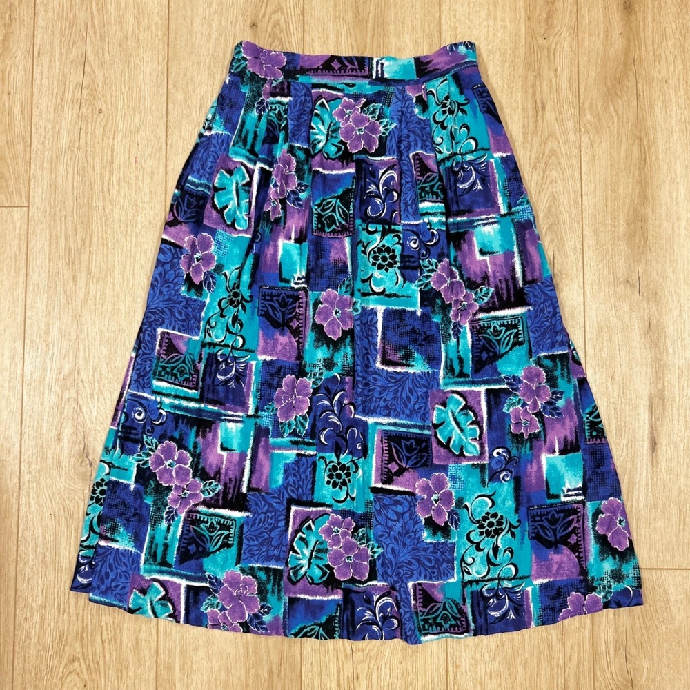 Vintage Floral Geometric Patchwork Midi Skirt Blue Teal Purple Size Medium 27"